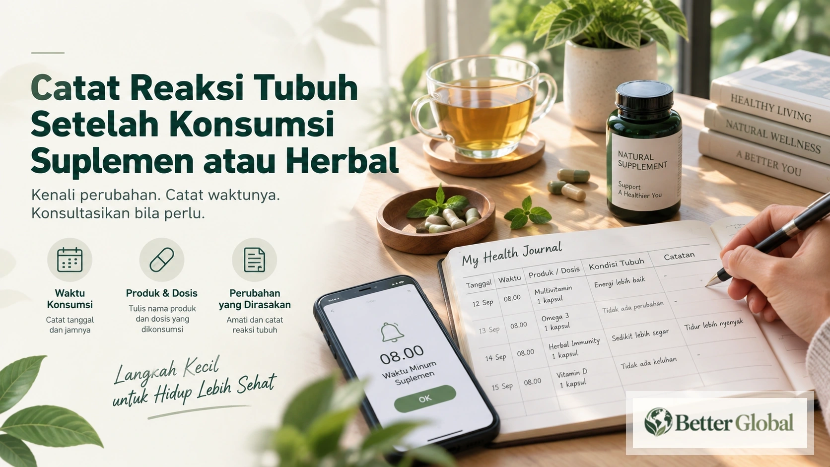 Cara mencatat reaksi tubuh setelah mengonsumsi suplemen atau herbal dengan jurnal waktu, produk, dosis, dan perubahan tubuh