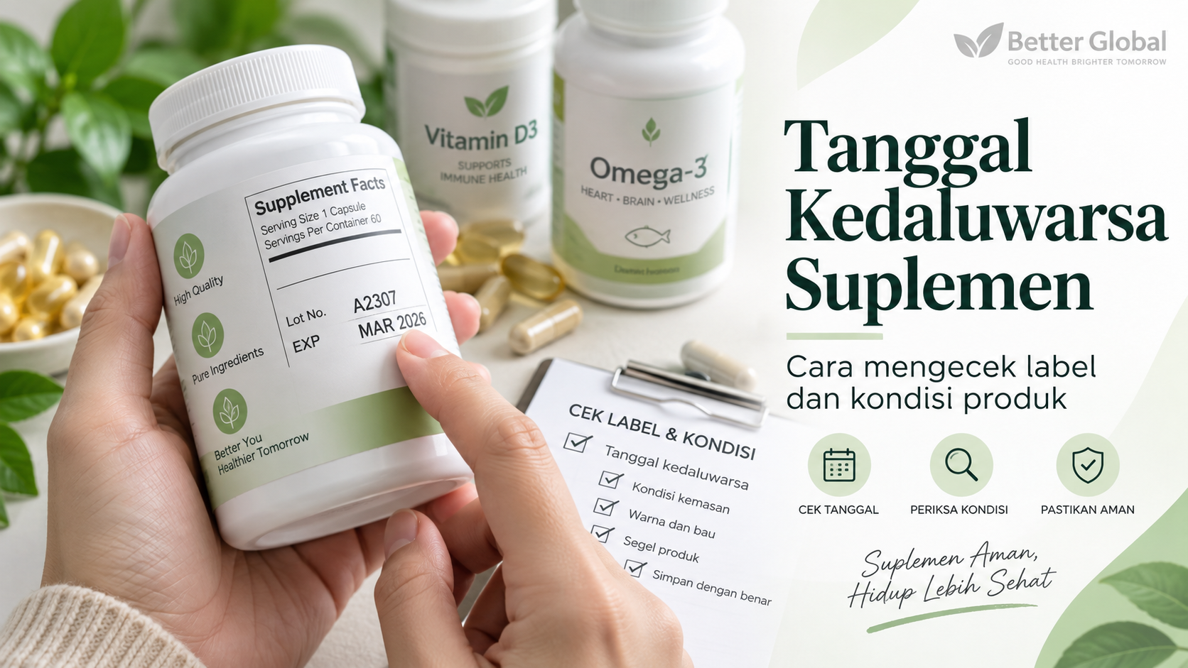 Tanggal kedaluwarsa suplemen dengan pemeriksaan label, tanggal, dan kondisi produk