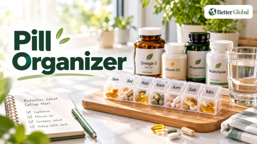 Pill organizer mingguan dengan suplemen dan botol produk untuk membantu mengatur rutinitas penggunaan harian