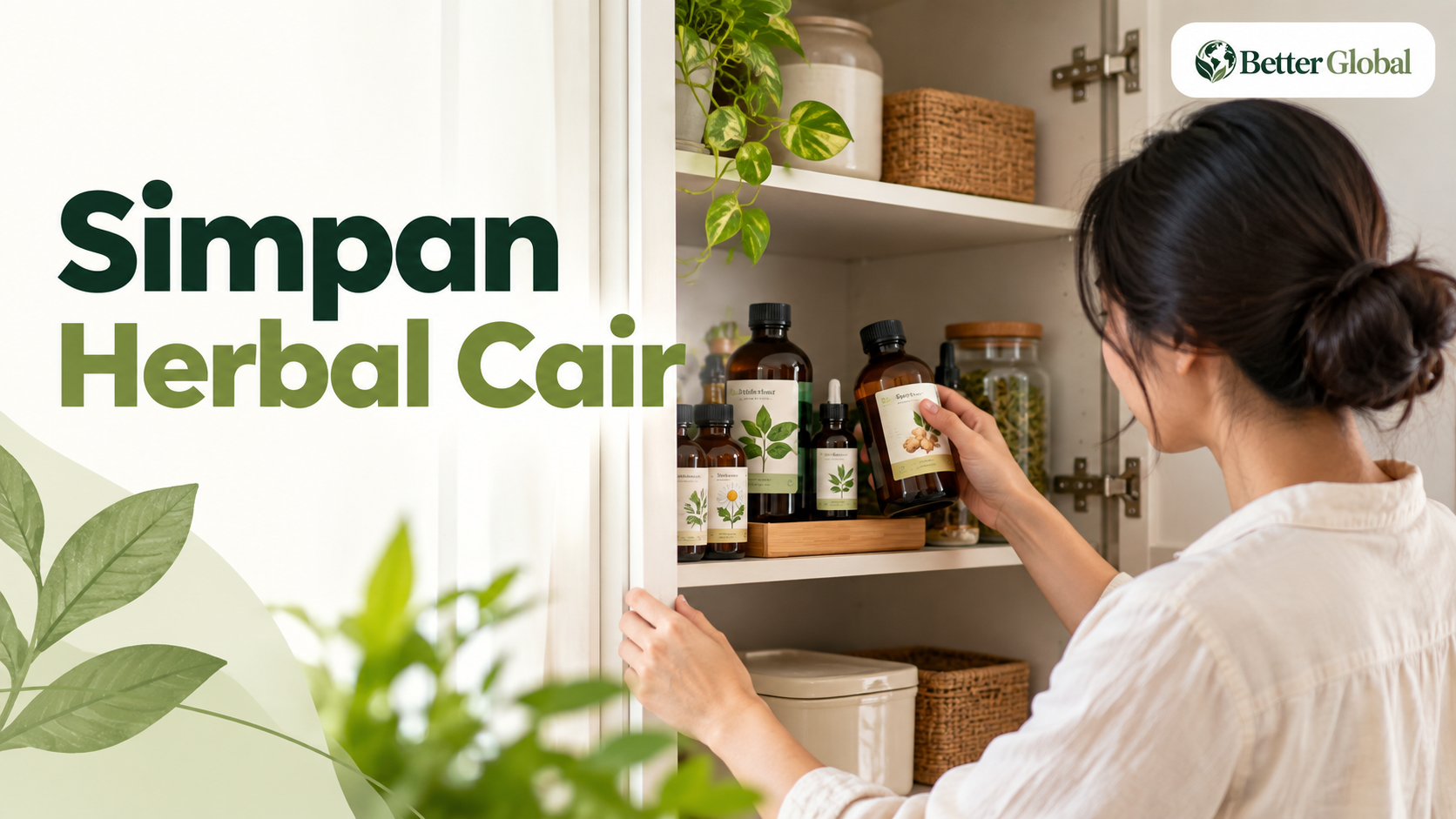 Produk herbal cair dalam botol yang disimpan rapi di lemari kering dan terlindung dari sinar matahari langsung